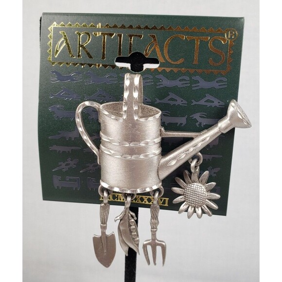 Vintage JJ Jonette Pewter Watering Can Dangle Flower Fork Shovel Veggie Brooch - Picture 3 of 7